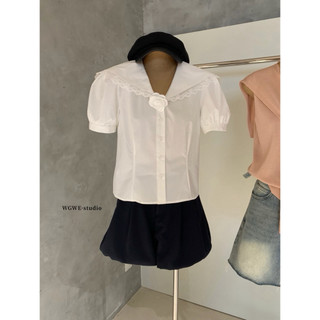 𝐏𝐡𝐢𝐞𝐧 𝐖𝐆𝐖𝐄 | (Sẵn) w8360 Áo Sơ Mi Cộc Tay Bồng Cổ Thuỷ Thủ Phối Hoa Trà Dáng Lỡ