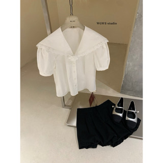 𝐏𝐡𝐢𝐞𝐧 𝐖𝐆𝐖𝐄 | (Sẵn) w8360 Áo Sơ Mi Cộc Tay Bồng Cổ Thuỷ Thủ Phối Hoa Trà Dáng Lỡ