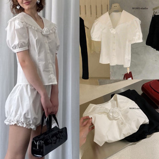 𝐏𝐡𝐢𝐞𝐧 𝐖𝐆𝐖𝐄 | (Sẵn) w8360 Áo Sơ Mi Cộc Tay Bồng Cổ Thuỷ Thủ Phối Hoa Trà Dáng Lỡ