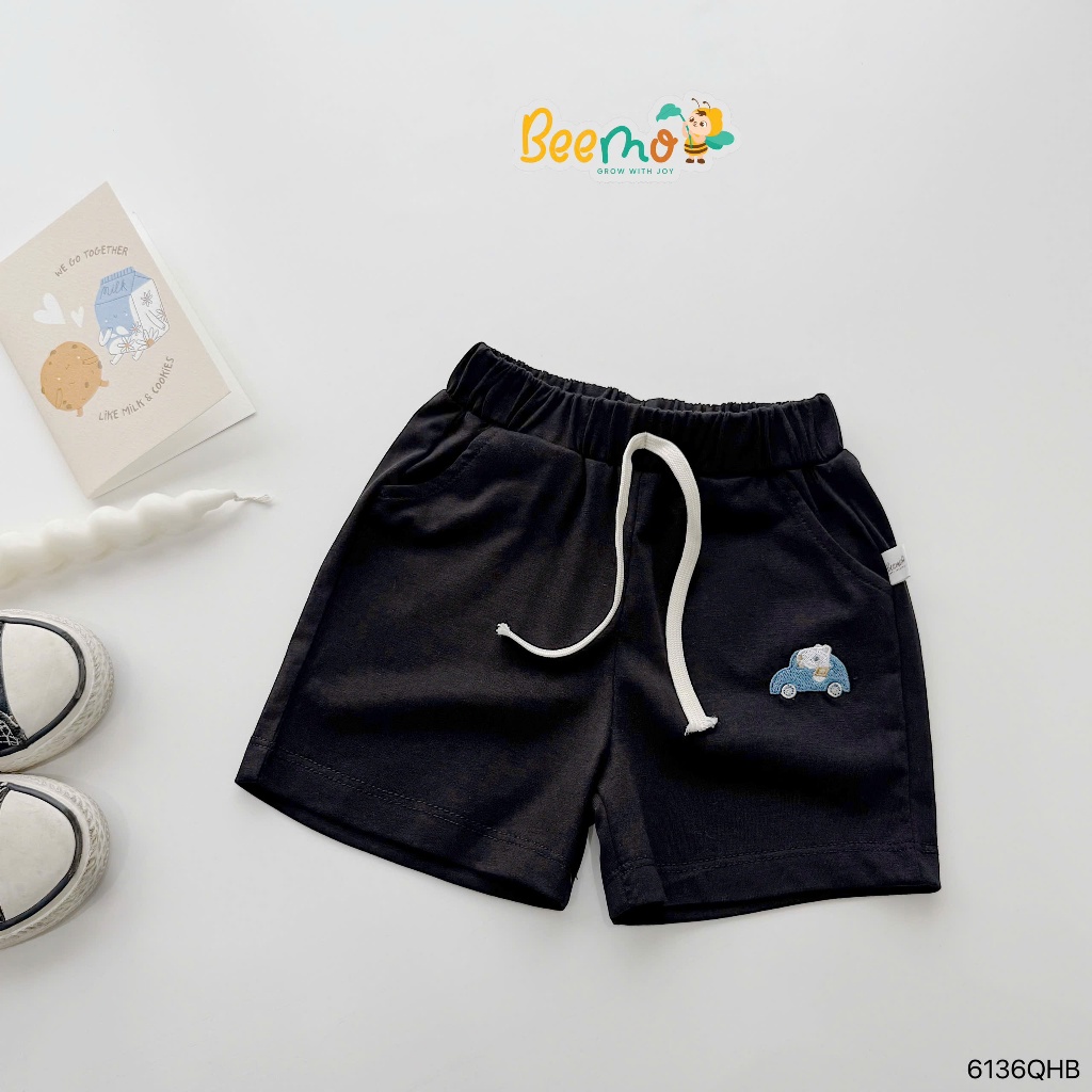 Quần đùi cotton thêu hoạ tiết ô tô bé trai, quần đùi cotton mềm mát cho bé