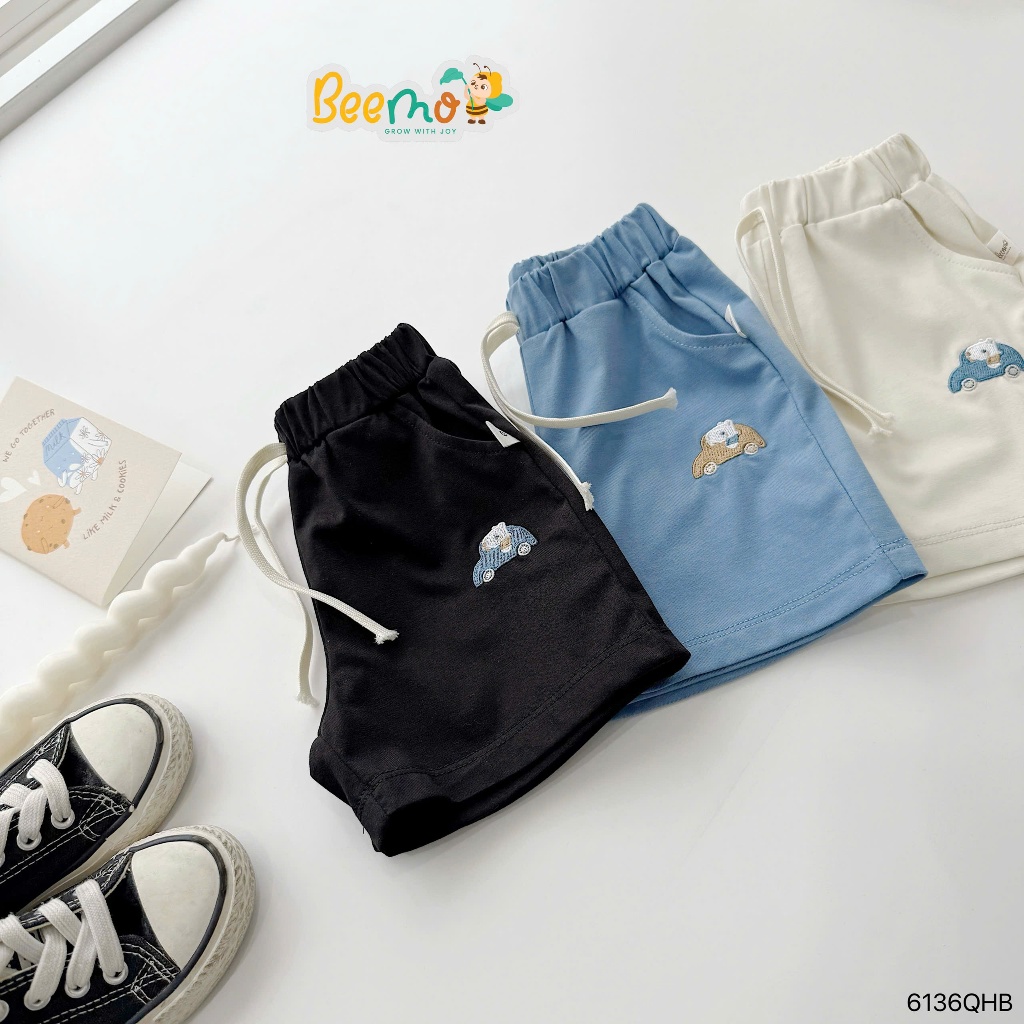 Quần đùi cotton thêu hoạ tiết ô tô bé trai, quần đùi cotton mềm mát cho bé