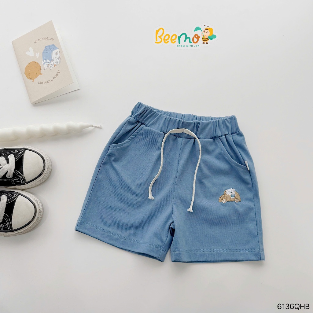 Quần đùi cotton thêu hoạ tiết ô tô bé trai, quần đùi cotton mềm mát cho bé