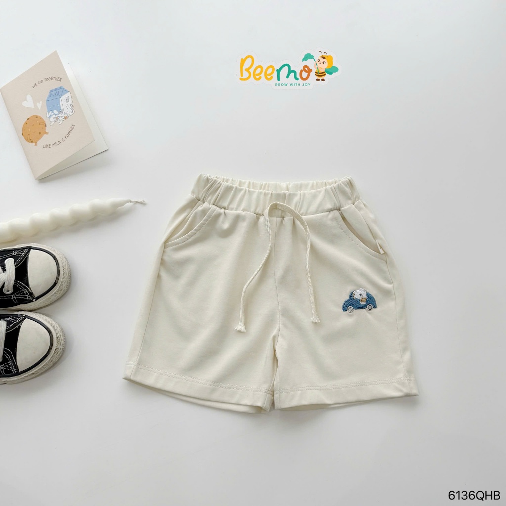 Quần đùi cotton thêu hoạ tiết ô tô bé trai, quần đùi cotton mềm mát cho bé