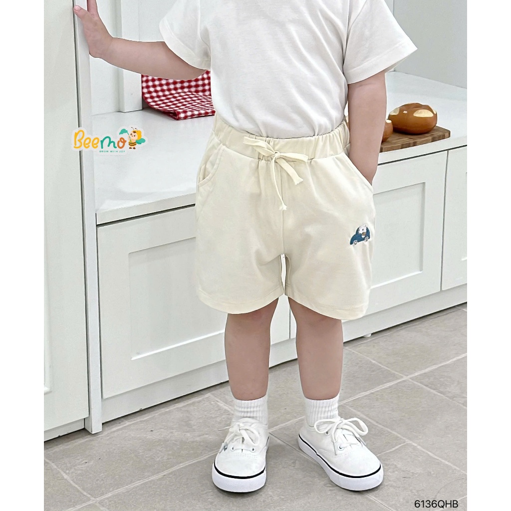 Quần đùi cotton thêu hoạ tiết ô tô bé trai, quần đùi cotton mềm mát cho bé
