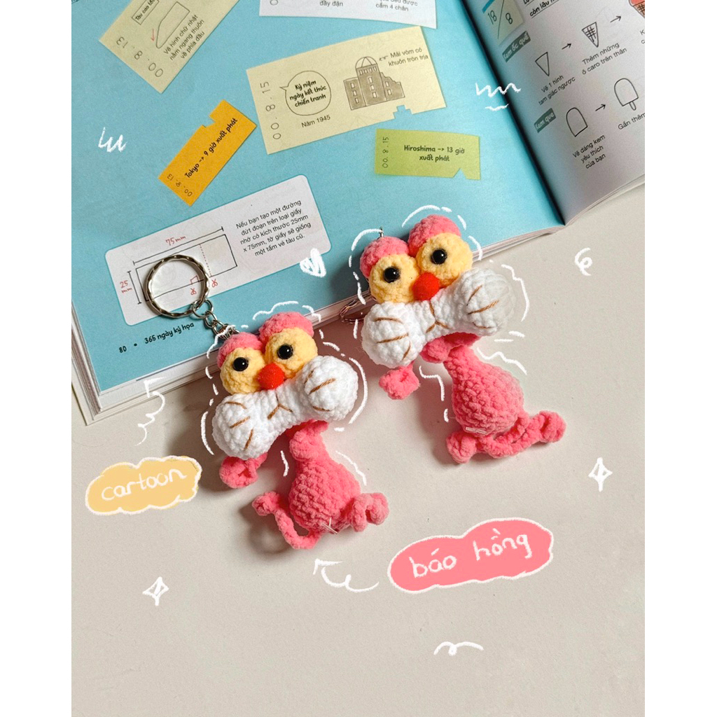 Móc Khoá Len Nhung Báo Hồng Cartoon Handmade Màu Pastel Quà Tặng Dễ Thương Độc Đáo