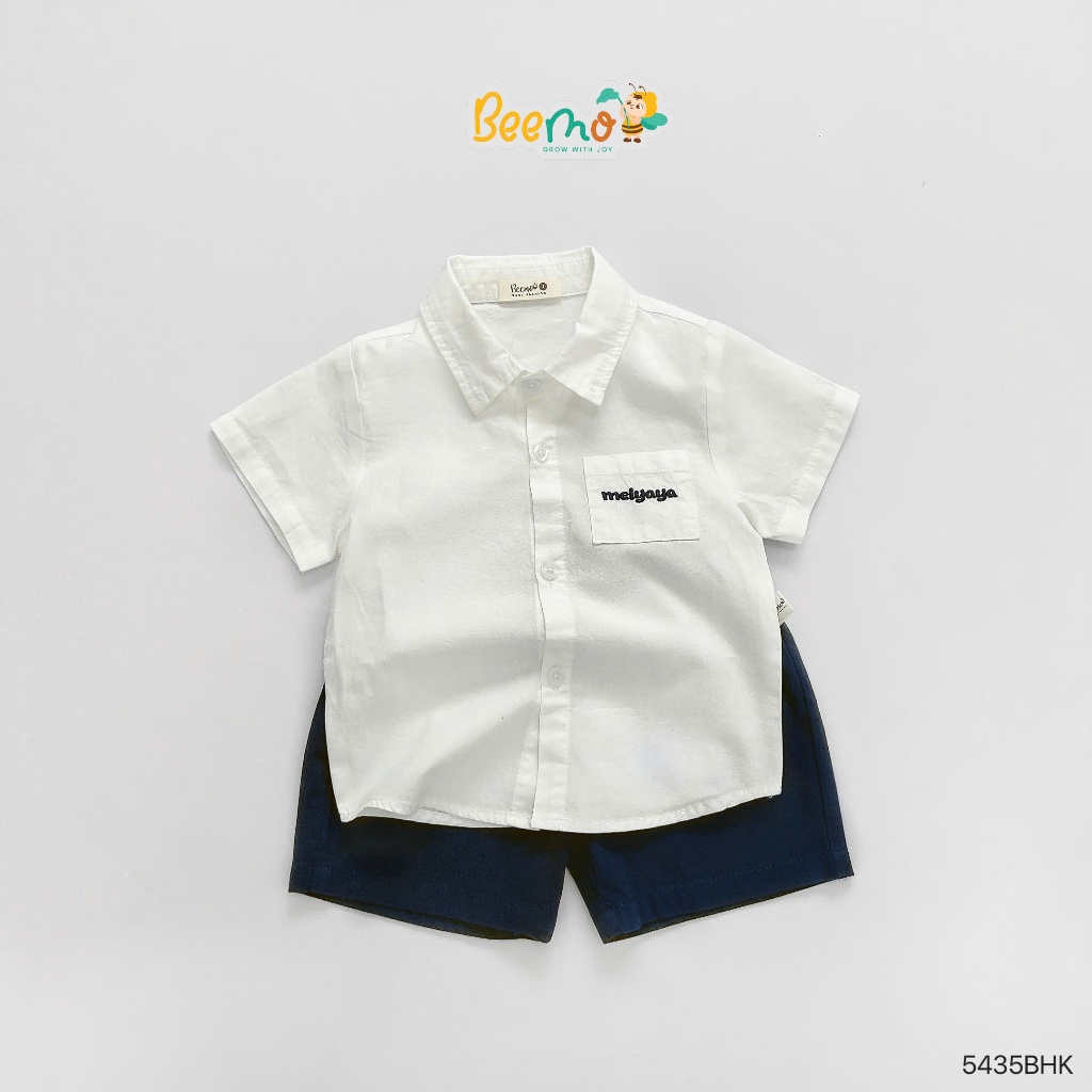 Bộ sơ mi trắng cộc tay thêu chữ phong cách Hàn Quốc, bộ sơ mi cổ đức quần kaki cho bé trai