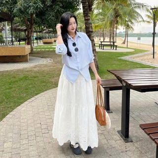 Chân Váy Midi Dáng Dài 2 Lớp Cạp Chun Chất Ren Thô Boil Thêu Hoa - Váy Nữ Thanh Lịch Dễ Phối Đồ 247Store