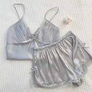 Bộ đồ ngủ nữ lụa satin JOIE TRENDY cao cấp, Set pijama hai dây quần đùi phối ren cuốn hút, tôn dáng