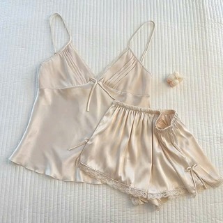 Bộ đồ ngủ nữ lụa satin JOIE TRENDY cao cấp, Set pijama hai dây quần đùi phối ren cuốn hút, tôn dáng