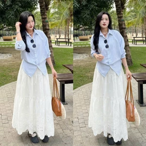Chân Váy Midi Dáng Dài 2 Lớp Cạp Chun Chất Ren Thô Boil Thêu Hoa - Váy Nữ Thanh Lịch Dễ Phối Đồ 247Store