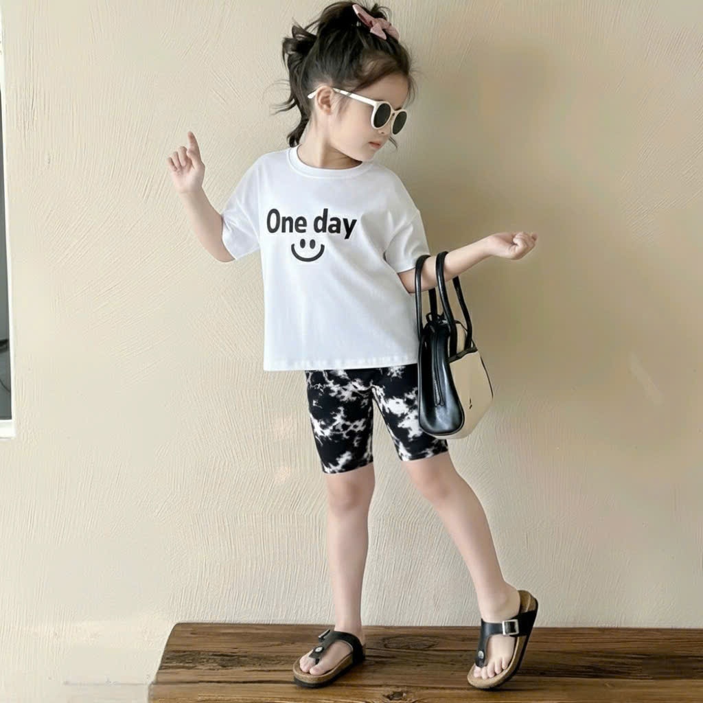Sét bộ quần legging đùi cho bé gái,áo cotton cộc tay in chữ ONE DAY co giãn thoải mái cho bé.M67