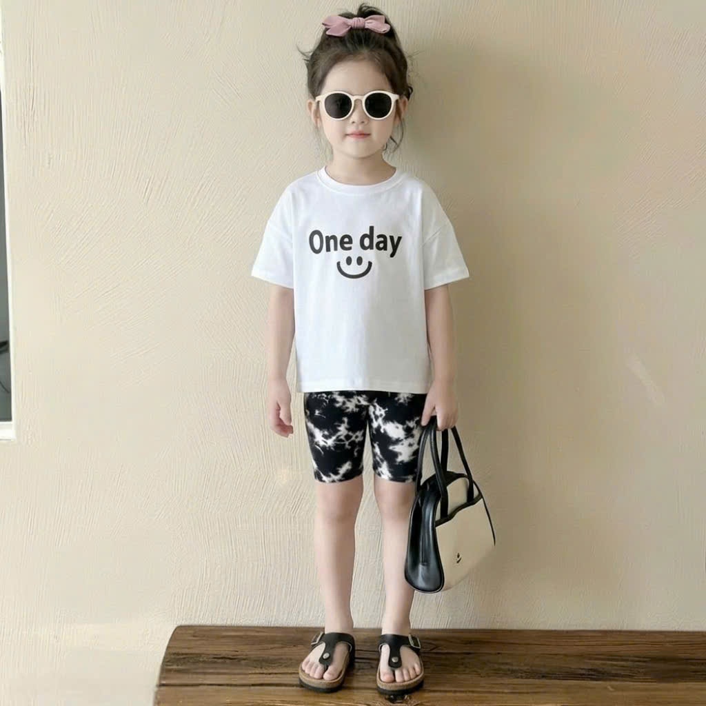 Sét bộ quần legging đùi cho bé gái,áo cotton cộc tay in chữ ONE DAY co giãn thoải mái cho bé.M67