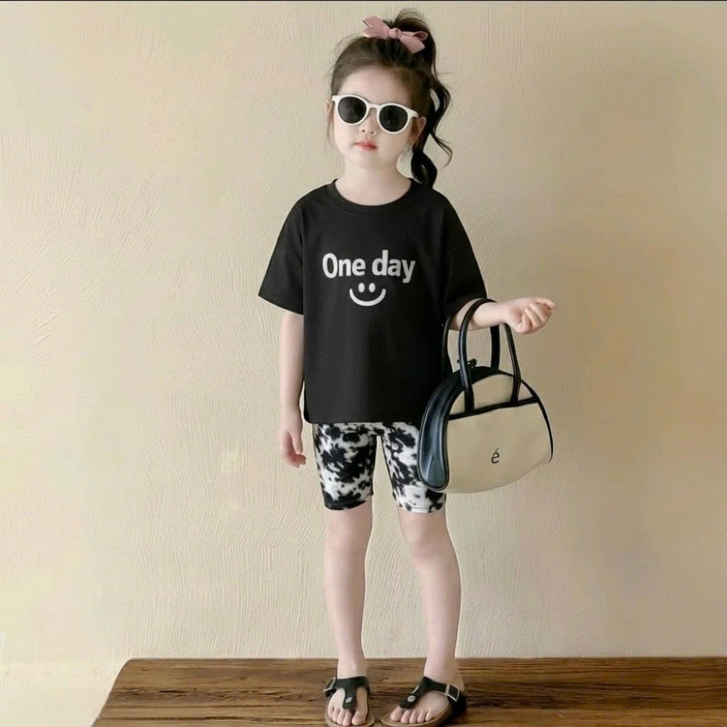 Sét bộ quần legging đùi cho bé gái,áo cotton cộc tay in chữ ONE DAY co giãn thoải mái cho bé.M67