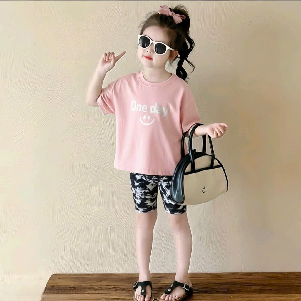 Sét bộ quần legging đùi cho bé gái,áo cotton cộc tay in chữ ONE DAY co giãn thoải mái cho bé.M67