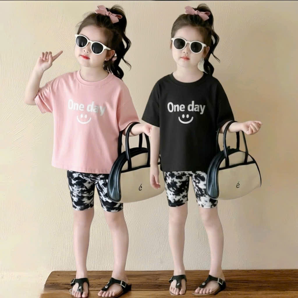 Sét bộ quần legging đùi cho bé gái,áo cotton cộc tay in chữ ONE DAY co giãn thoải mái cho bé.M67