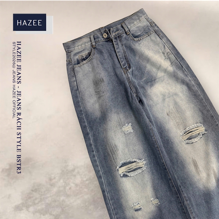 Quần Jean Nữ Ống Suông Rộng Rách Gối Wash bẩn Bạc HAZEE Form Cá Tính Streetwear Ulzzang