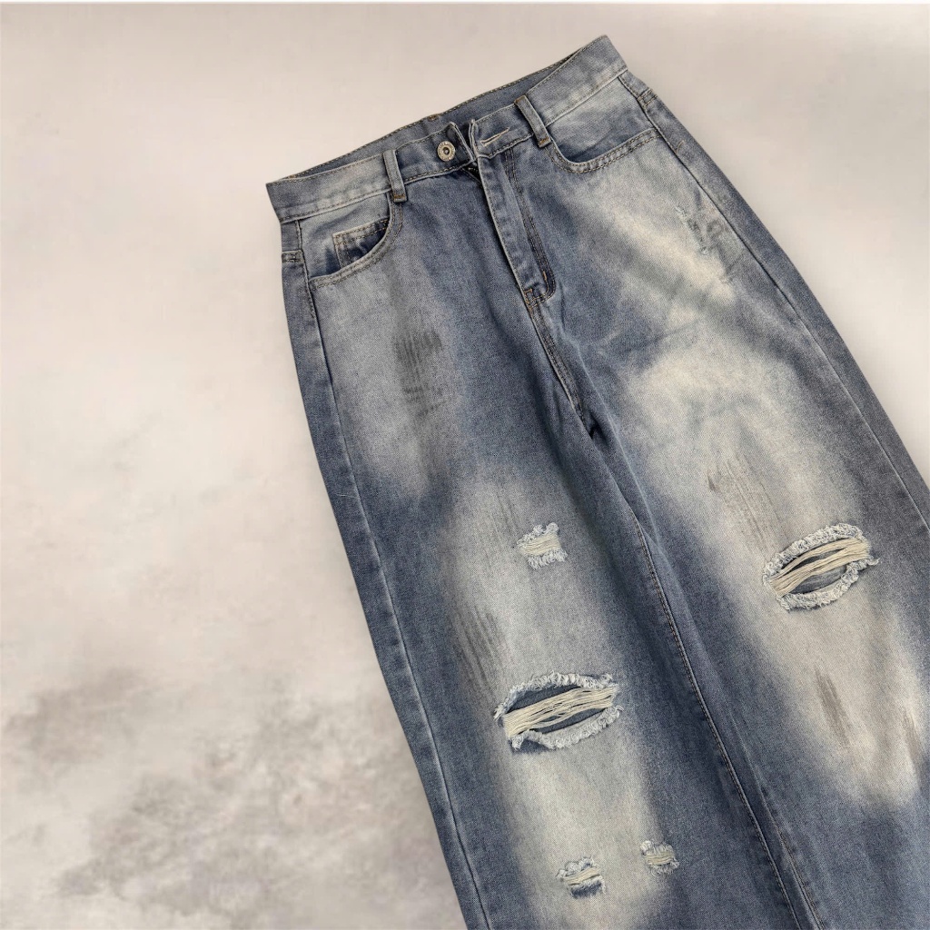 Quần Jean Nữ Ống Suông Rộng Rách Gối Wash bẩn Bạc HAZEE Form Cá Tính Streetwear Ulzzang