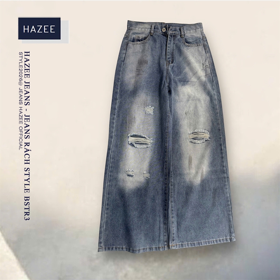 Quần Jean Nữ Ống Suông Rộng Rách Gối Wash bẩn Bạc HAZEE Form Cá Tính Streetwear Ulzzang