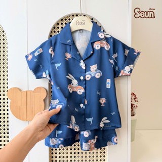 | SEUNKIDS | Bộ pijama cho bé gái bé trai (20 màu-2 link) cộc tay lụa mát lạnh 8kg đến 35kg bộ mặc nhà