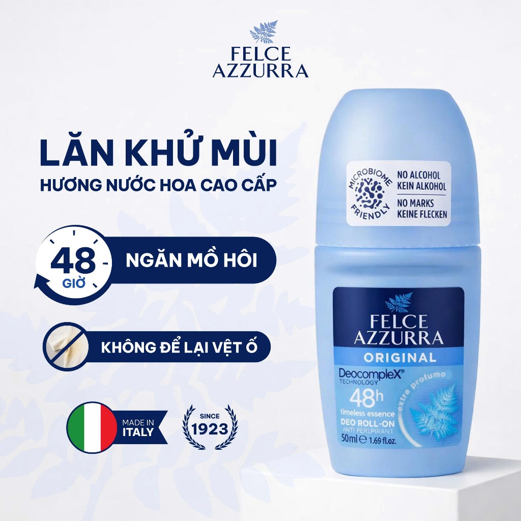 Lăn khử mùi hữu cơ hương nước hoa Ý, không vàng áo - dưỡng da 48 giờ Felce Azzurra - 50ml - NK Ý