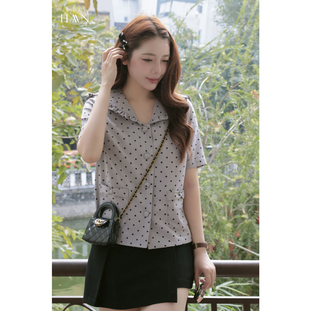Áo Sơ Mi Nữ Chấm Bi Cổ Bèo Nhún, Chất Vải Xước Hàn 2 Lớp Mềm Mại HAAN Design SM2632
