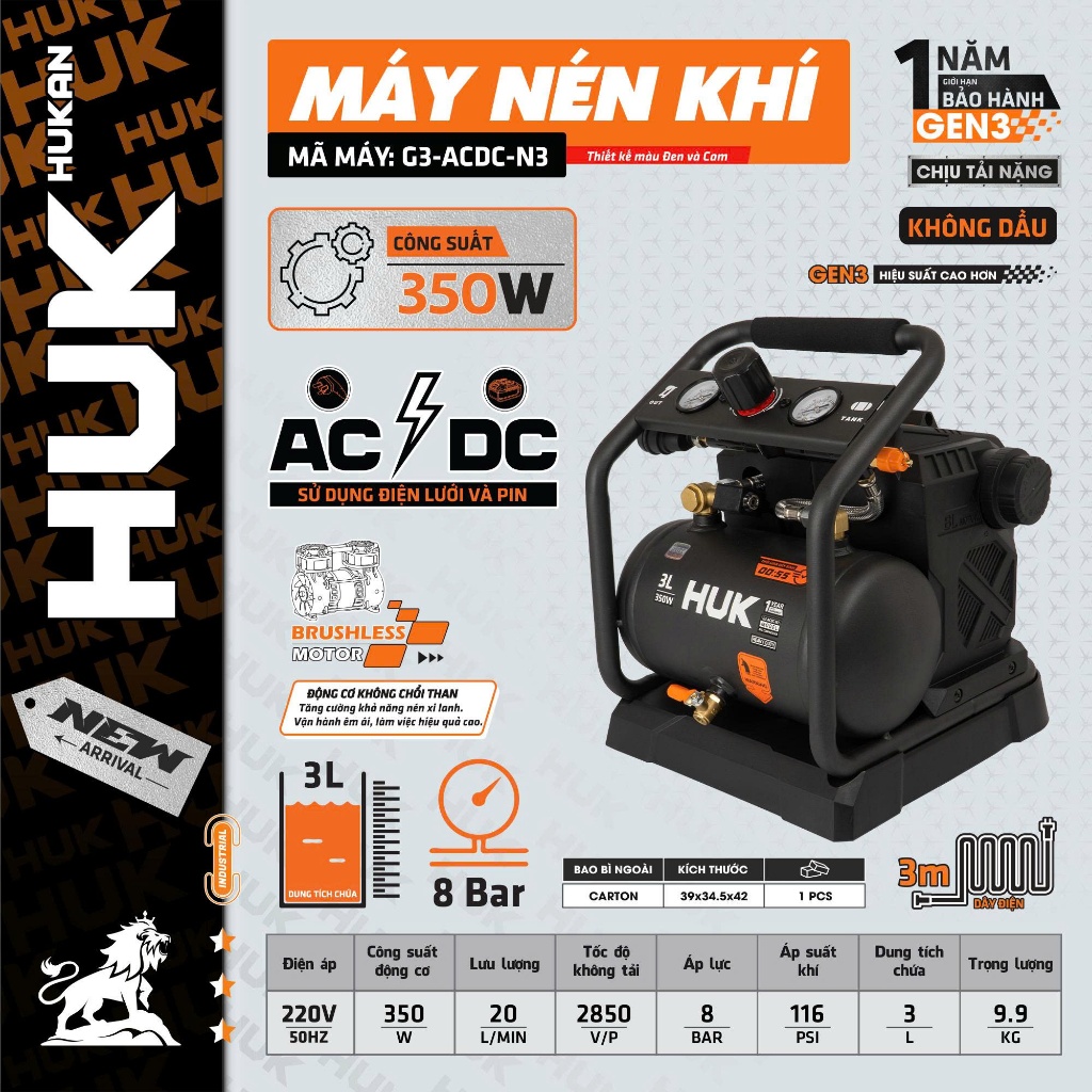 Máy Nén Khí Không Dầu 3L Dùng Pin & ĐiệnHUKAN G3-ACDC-N3 | Điện áp 21V - 220V - 8Bar -Bơm Lốp Xịt Bụi Mini - BH 12 Tháng
