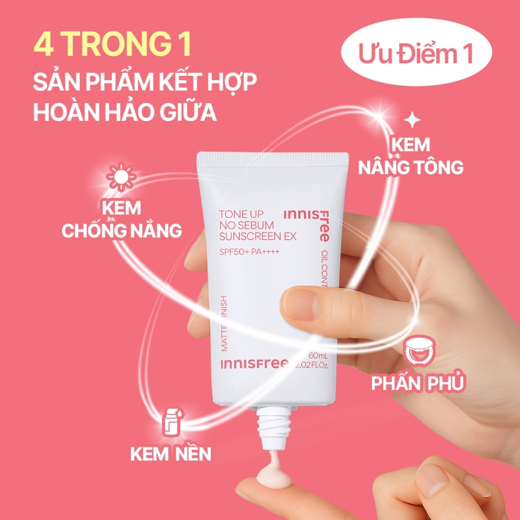 INNISFREE x KOL Kem chống nắng nâng tông kiềm dầu INNISFREE Tone Up No Sebum EX SPF 50+ PA++++ 60 mL