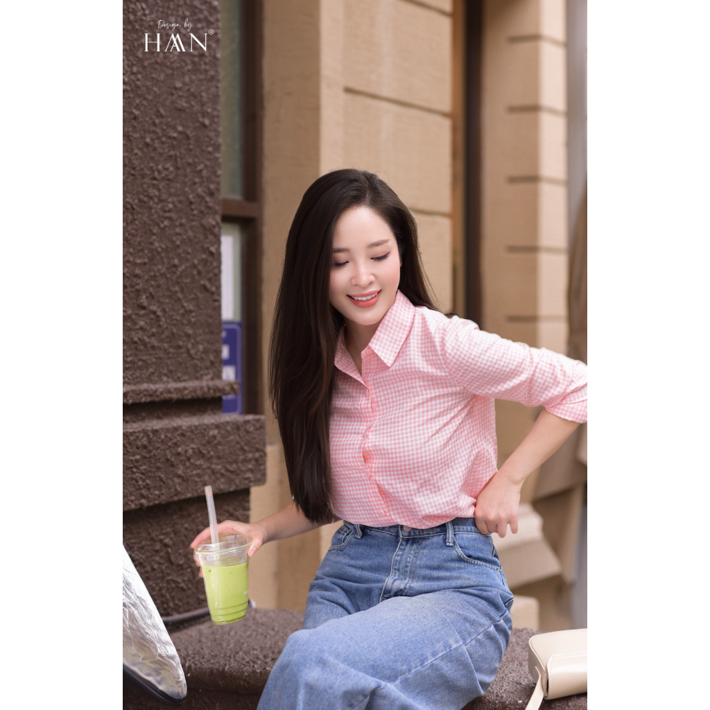 Áo Sơ Mi Nữ Kẻ Hồng/Xanh Pastel Dài Tay Form Vừa,  Chất Vải Thô Xốp Mềm Mại HAAN Design SM2633