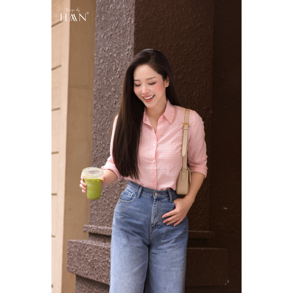 Áo Sơ Mi Nữ Kẻ Hồng/Xanh Pastel Dài Tay Form Vừa,  Chất Vải Thô Xốp Mềm Mại HAAN Design SM2633