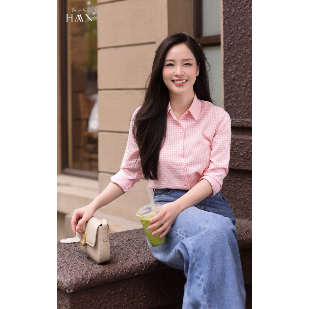 Áo Sơ Mi Nữ Kẻ Hồng/Xanh Pastel Dài Tay Form Vừa,  Chất Vải Thô Xốp Mềm Mại HAAN Design SM2633