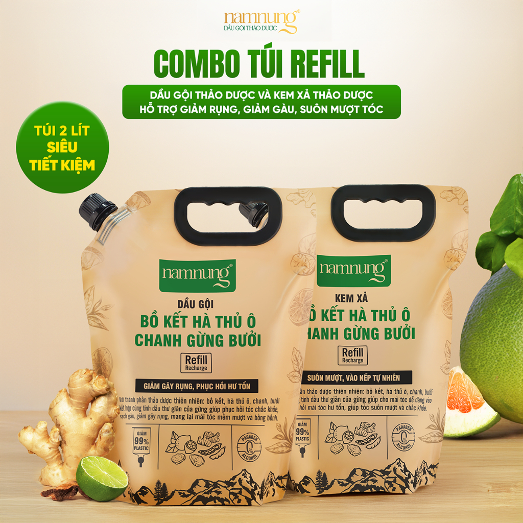 Combo Túi Refill Gội Xả Thảo Dược Bồ Kết NAMNUNG Giảm Gàu Rụng Giúp Tóc Khỏe 2 Lít Bảo Vệ Môi Trường