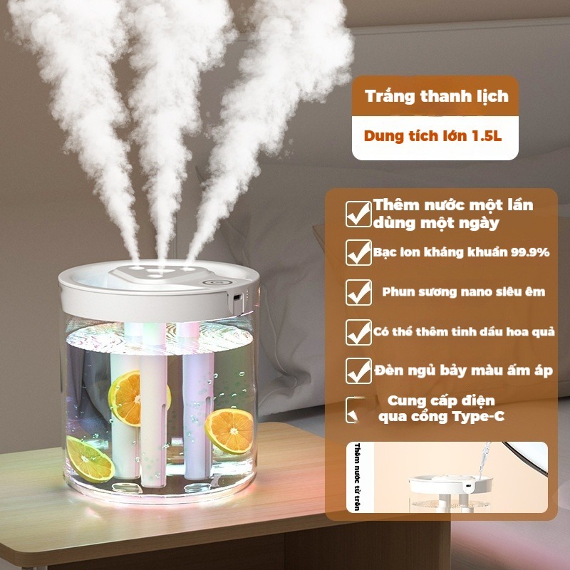 Máy Xông Tinh Dầu Máy Tạo Độ Ẩm Phun Sương Mini 3 Tia 1.5L Siêu Êm USB 5V Để Bàn Gia Đình