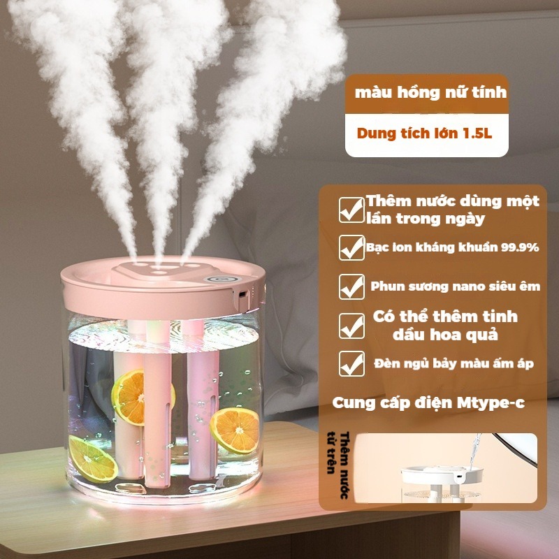 Máy Xông Tinh Dầu Máy Tạo Độ Ẩm Phun Sương Mini 3 Tia 1.5L Siêu Êm USB 5V Để Bàn Gia Đình