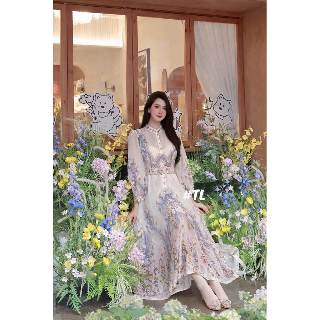 Đầm hoa xanh ZMM kèm đai Thảo Hàn