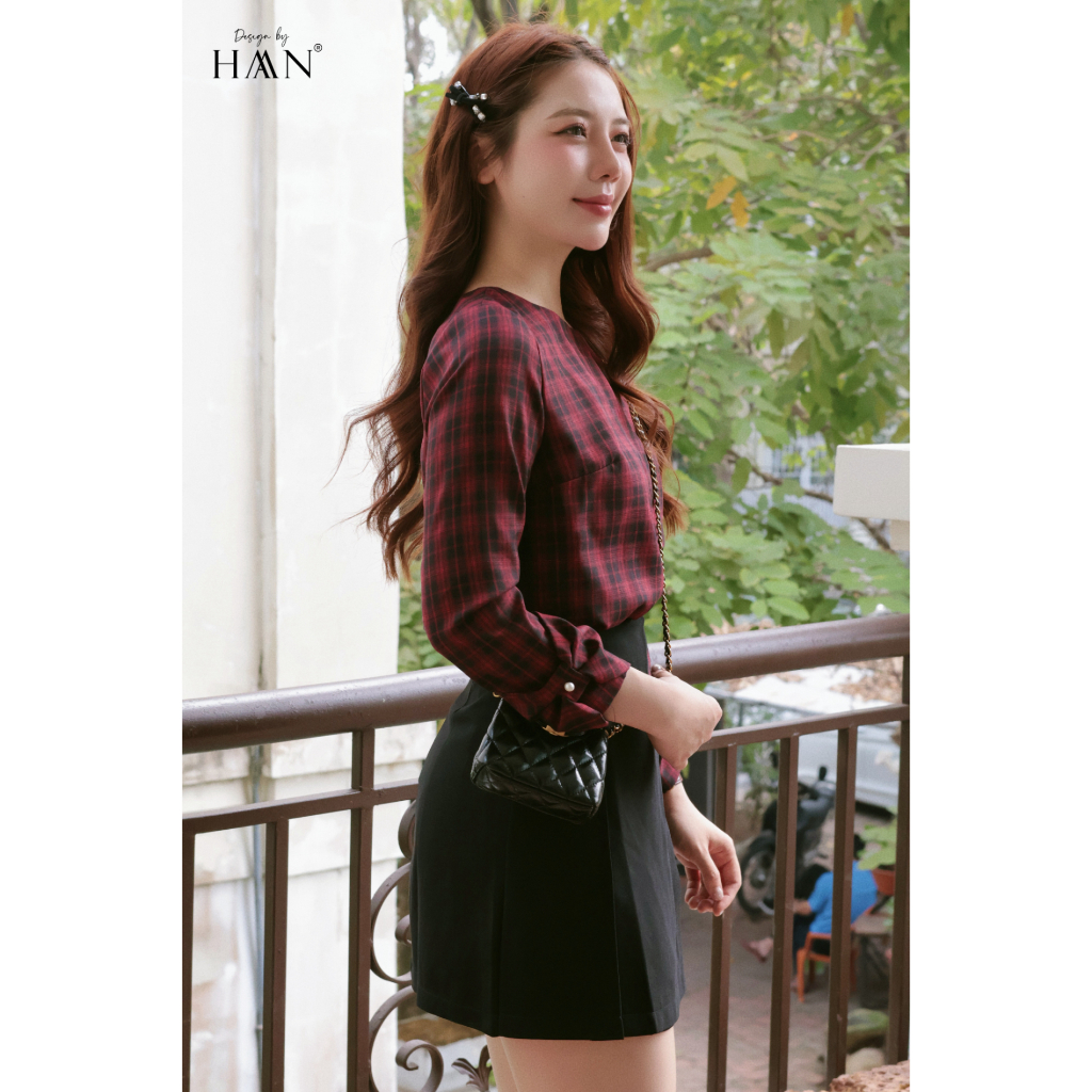Áo Sơ Mi Nữ Dài Tay Họa Tiết Kẻ Caro Có Khóa Kéo Sau, Chất Vải Đũi Lụa Mềm Mát Haan Design SM2634