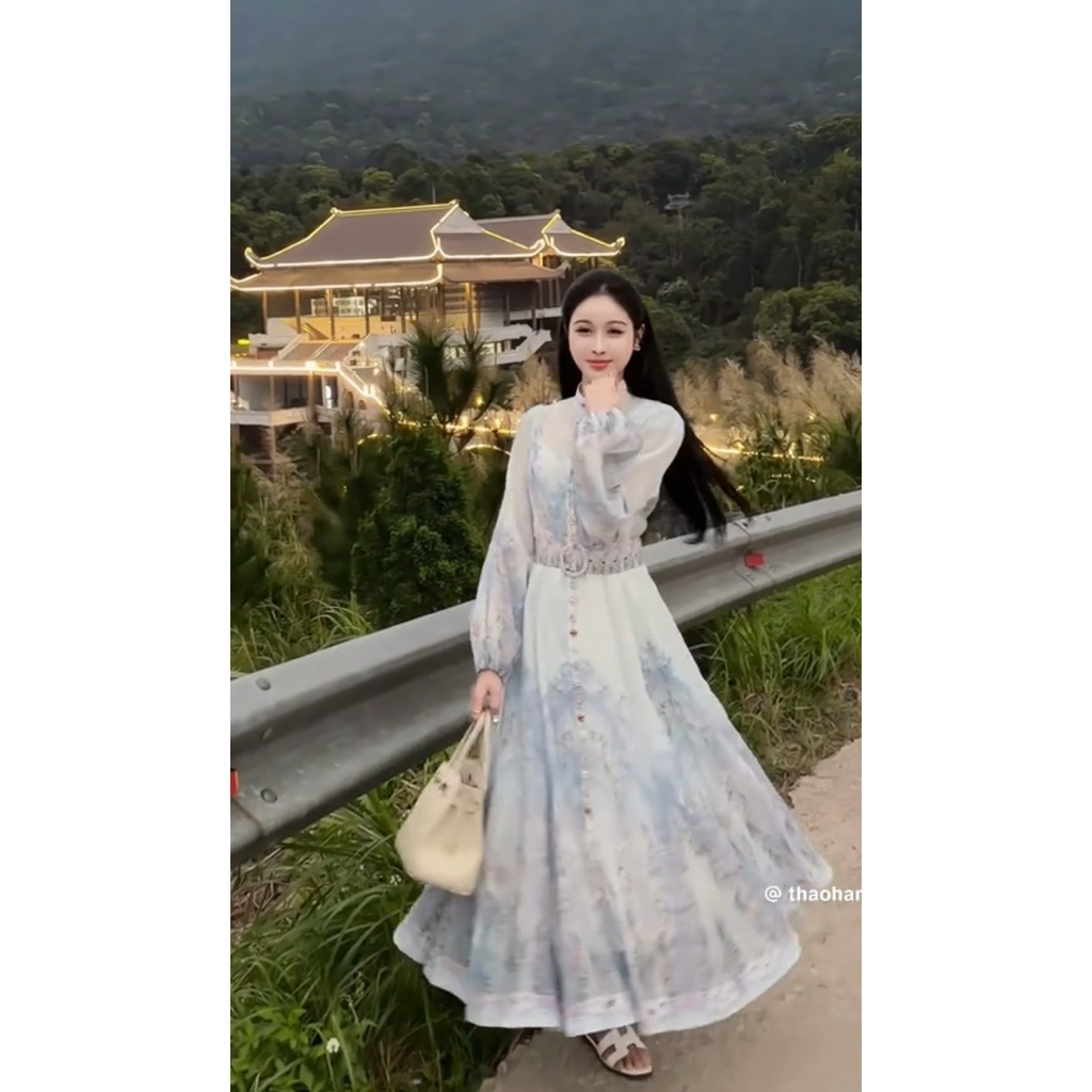Đầm hoa xanh ZMM kèm đai Thảo Hàn