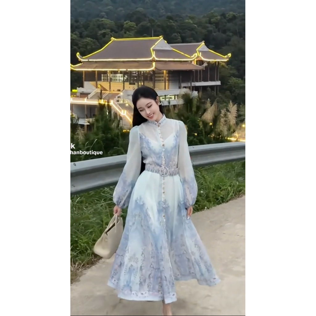 Đầm hoa xanh ZMM kèm đai Thảo Hàn