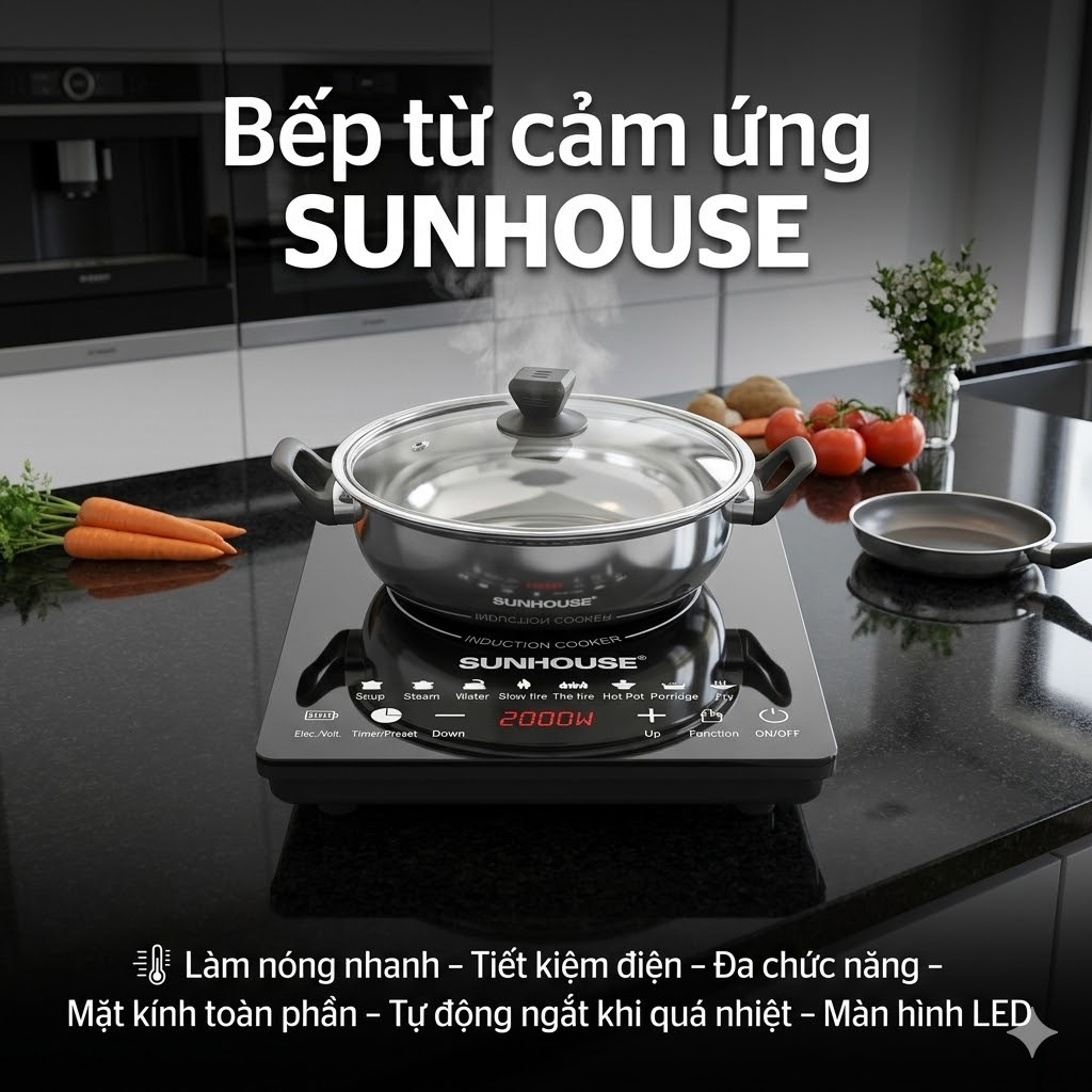 Bếp Từ Cảm Ứng SUN HOUSE 2200W Cao Cấp Bếp Điện Từ Hồng Ngoại Gia Nhiệt Siêu Nhanh Tiện Lợi