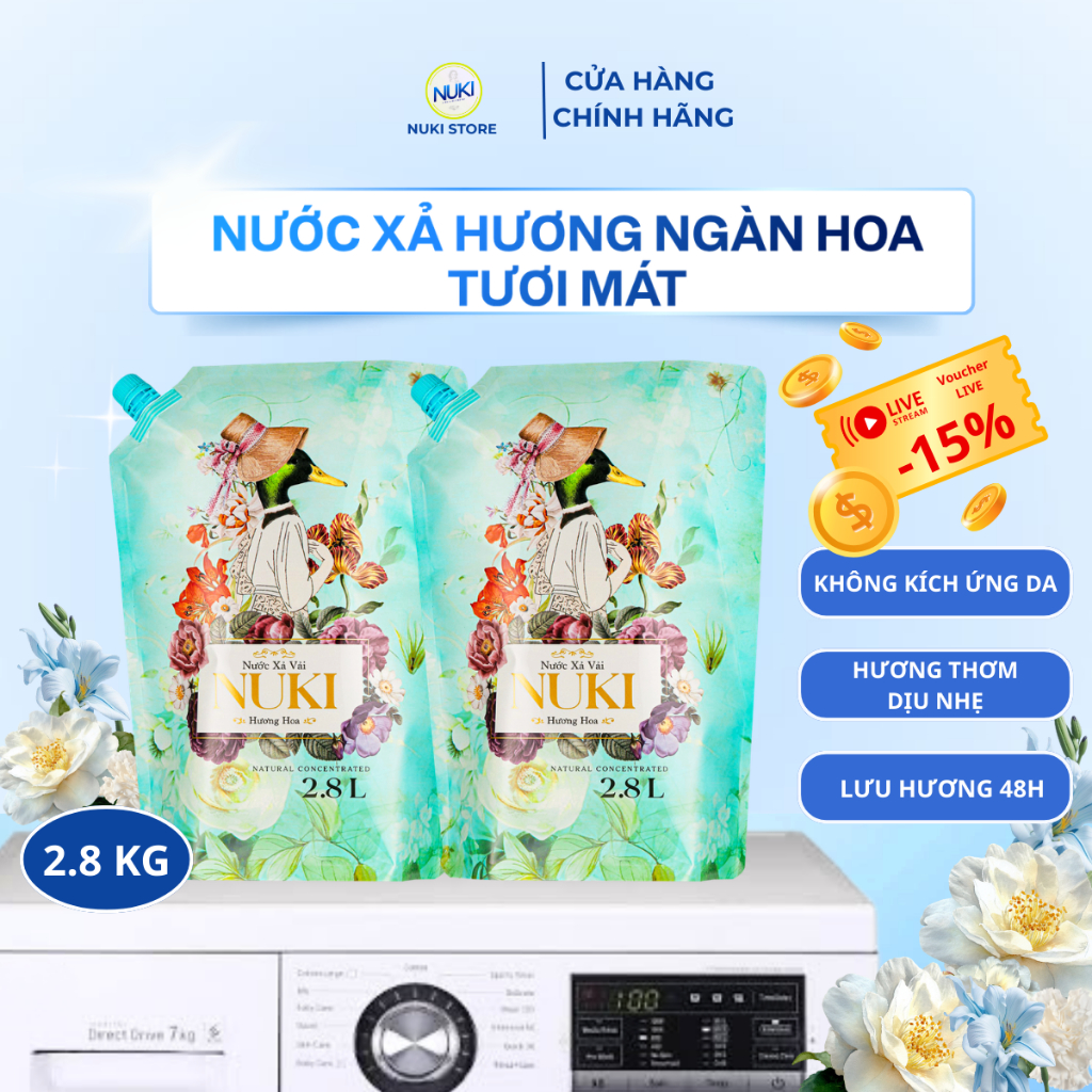 Nước xả vải Nuki Cô Vịt Xanh Đậm Đặc 2.8 kg Hương thơm tổng hợp từ những loại hoa từ thiên nhiên