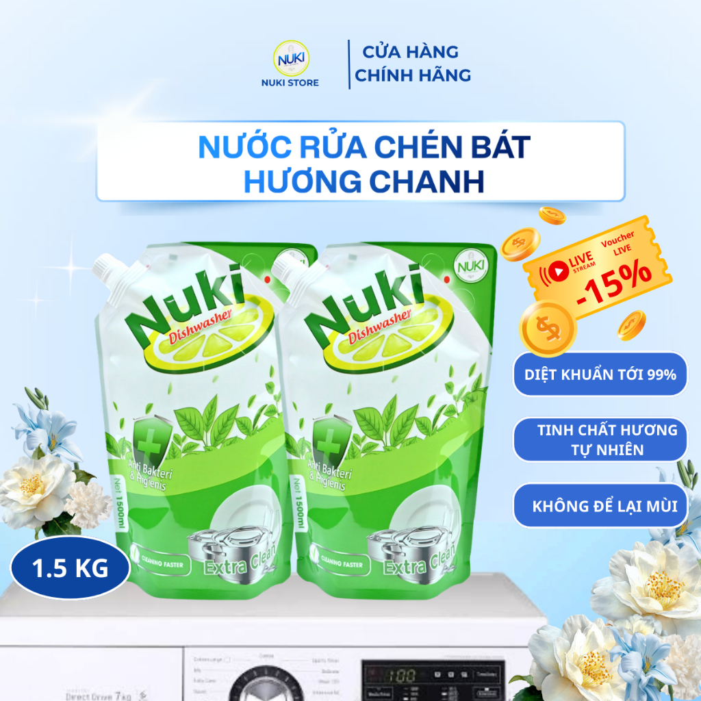 Nước Rửa Chén Bát Công Nghệ Hàn Quốc Nuki 1500ml Hương Chanh Không Lưu Mùi