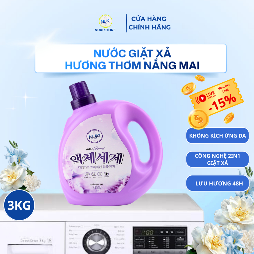 Can Nước Giặt Xả Nuki Special 2 in 1 Hương Nắng Mai - Can 3kg Nước Giặt Xả Quần Áo Thơm Lâu Mềm Vải