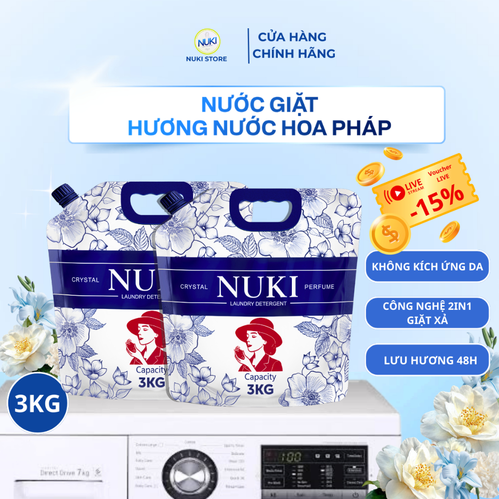 Nước Giặt Xả NUKI 3kg COMBO 2 TÚI (6kg) + TẶNG 1KG Bột Giặt - Hương Nước Hoa Pháp Lưu 48H