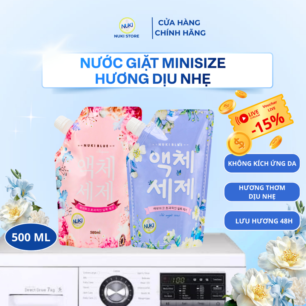 Túi Nước Giặt Mini Nuki Blue 500ml Giặt Xả 2 Trong 1 Hương Thơm Dịu Nhẹ Nhỏ Gọn Tiện Lợi