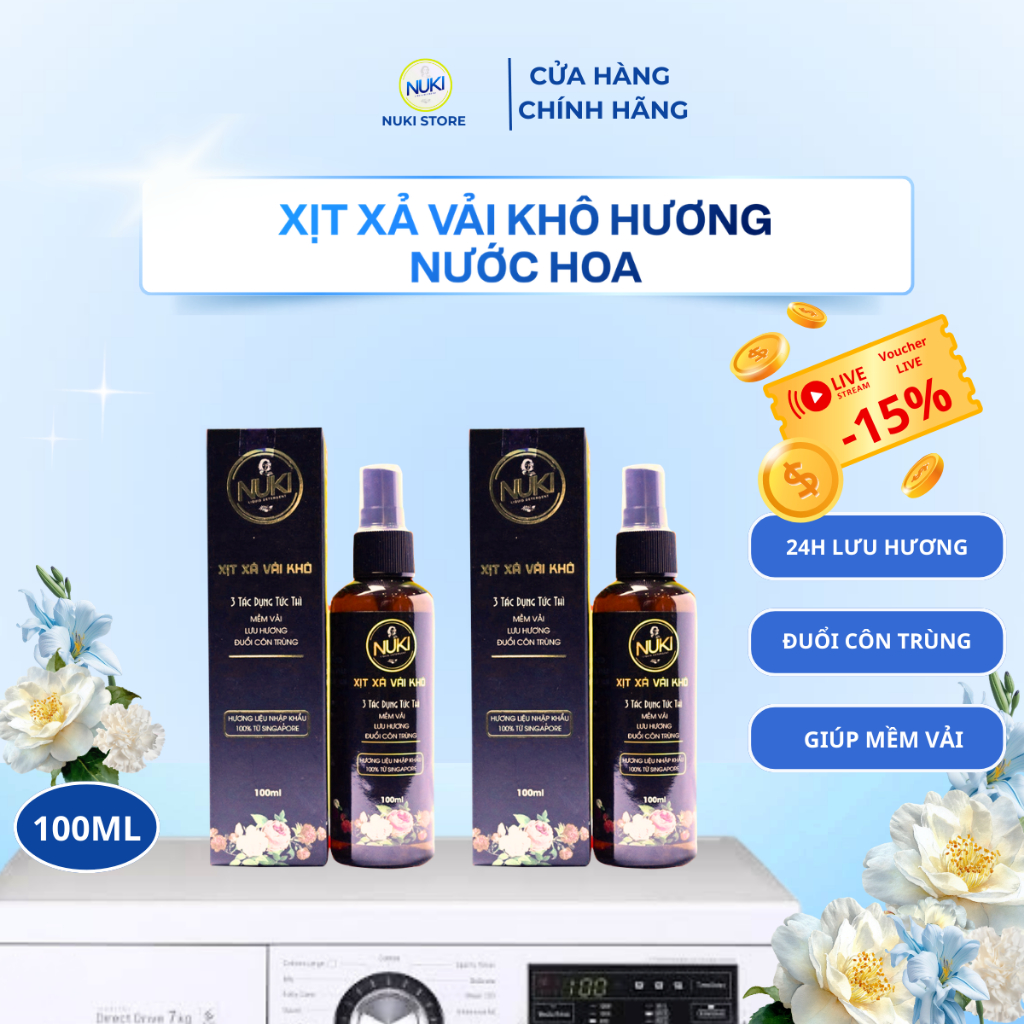 Chai Xịt Xả Vải Khô Nuki Hương Nước Hoa 100ml Xịt Thơm Quần Áo Lưu Hương Mềm Vải