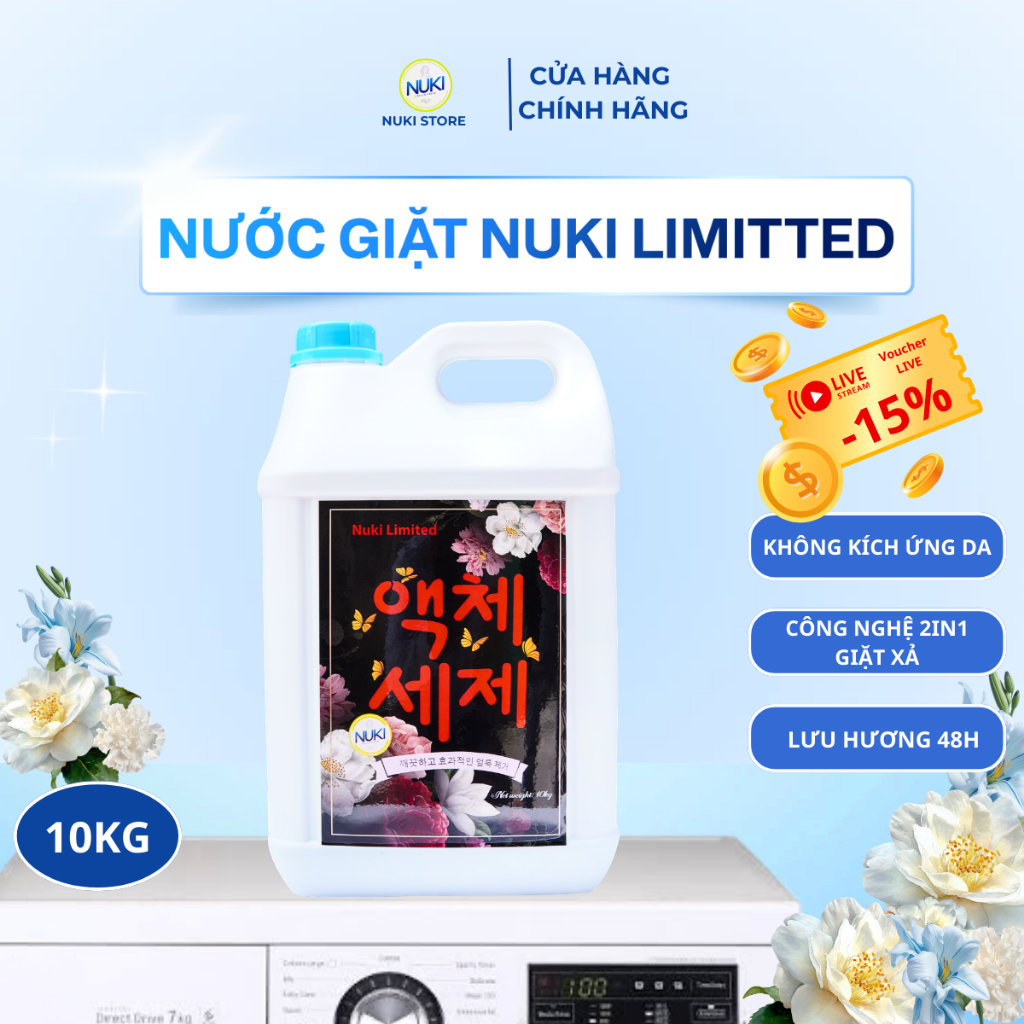 Can Nước Giặt Lưu Hương Thơm Lâu Nuki Limited 10kg Đánh Bay Vết Bẩn, An Toàn Với Mọi Loại Quần Áo