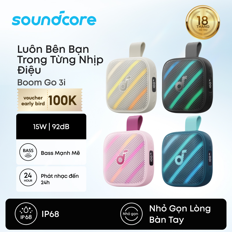[New] soundcore by Anker Boom go 3i loa bluetooth 6.0 bass imạnh Di Động RGB IP68 24H 15W AuraCast