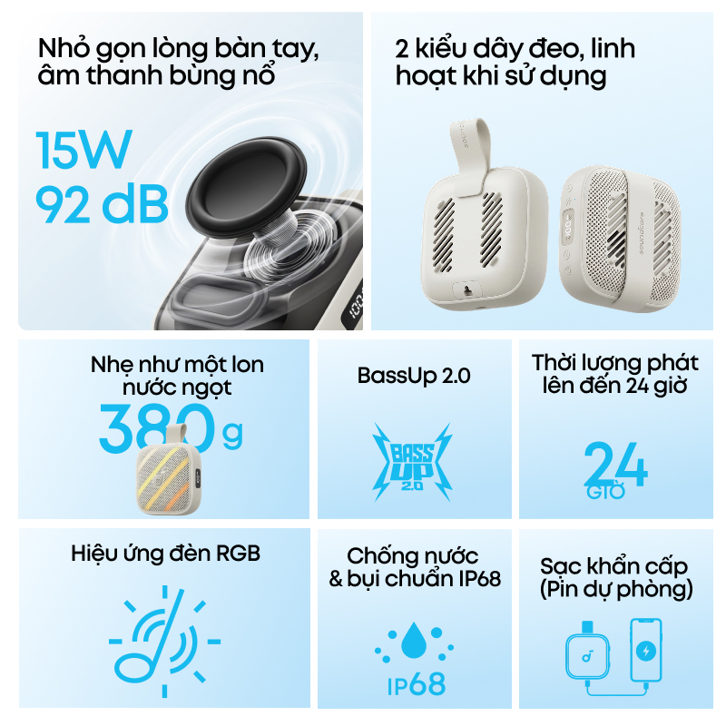 [New] soundcore by Anker Boom go 3i loa bluetooth 6.0 bass imạnh Di Động RGB IP68 24H 15W AuraCast