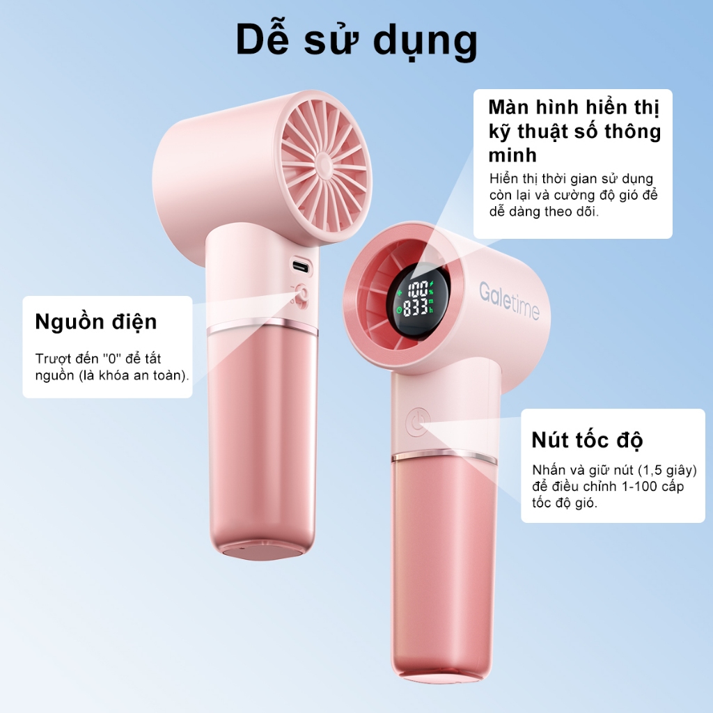 Galetime Quạt tay mini USB LED, màn hình AI, hẹn giờ thông minh, pin 5000mAh siêu bền cho du lịch ngoài trời, giá rẻ