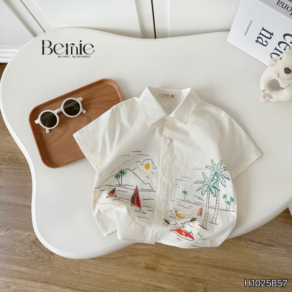 Bộ sơ mi đi biển cho bé trai, set bộ sơ mi cổ đức màu sáng siêu đẹp Bernie