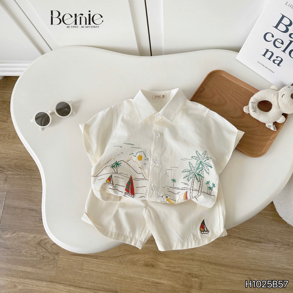 Bộ sơ mi đi biển cho bé trai, set bộ sơ mi cổ đức màu sáng siêu đẹp Bernie